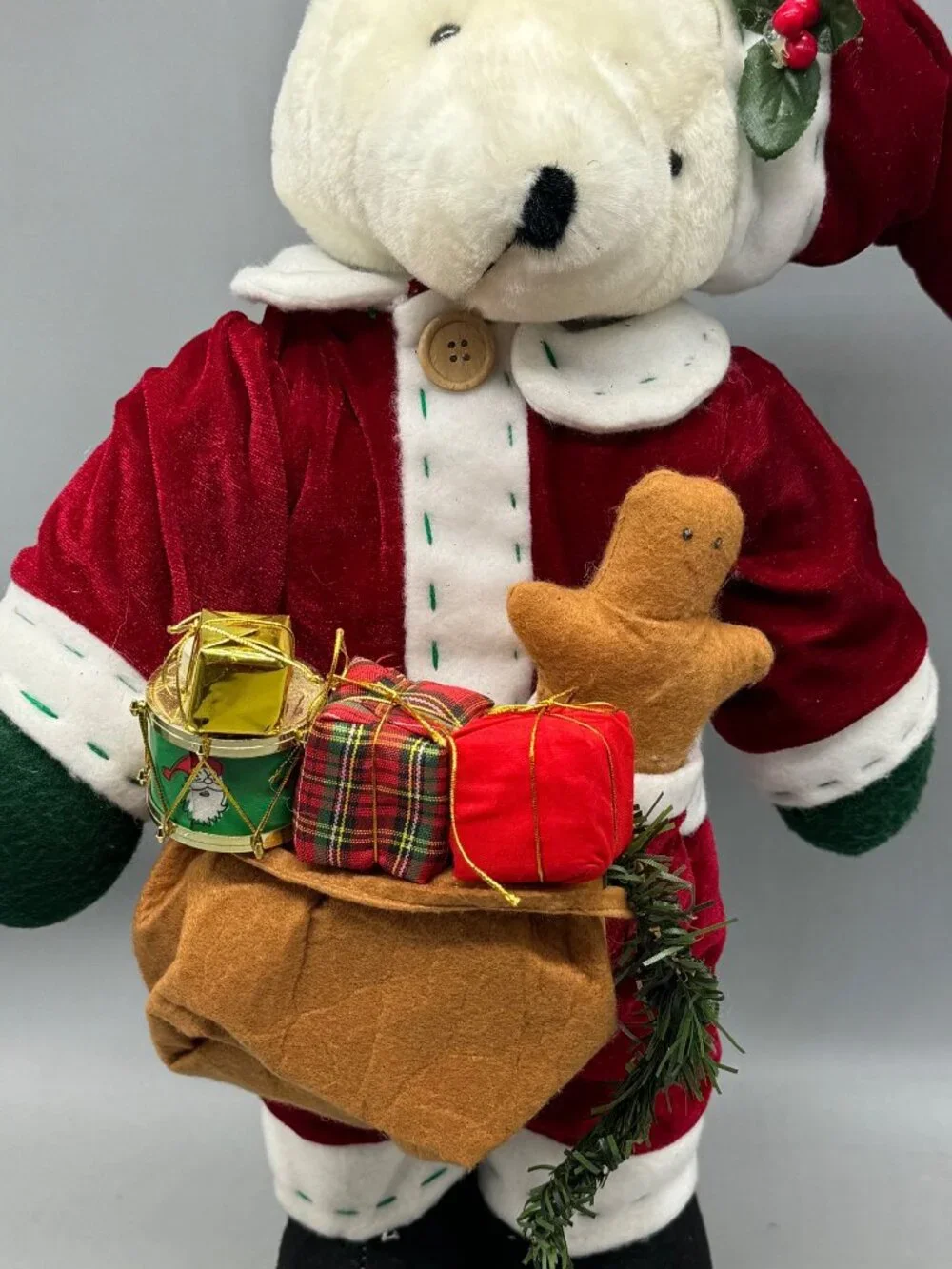 Santa Bear Plush Decor Holding Gifts Red Velvet Outfit Christmas 21